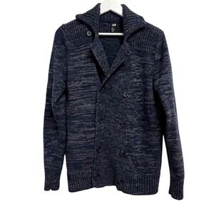 H&M Sweater Cardigan Mens‎ Small Blue Wool Blend Shawl Collar Double Breasted